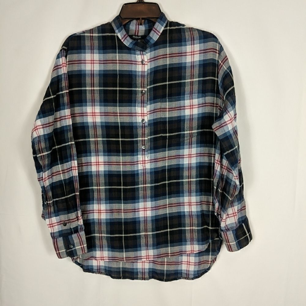 MADEWELL NAVY PLAID HALF BUTTON UP POPOVER WOMEN'S